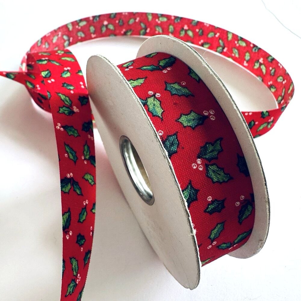 Vintage Yuletide Red Holly & Ivy Holiday Cloth Ribbon Retro Craft Decor 17 yards